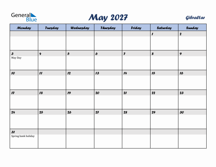 May 2027 Calendar with Holidays in Gibraltar