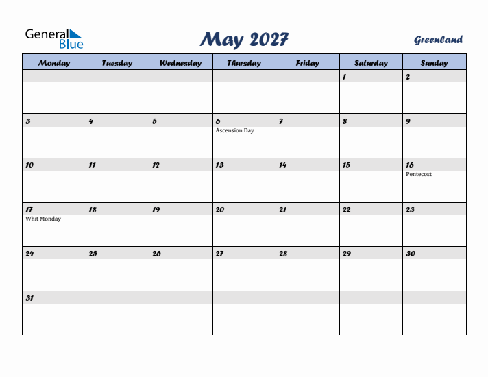 May 2027 Calendar with Holidays in Greenland