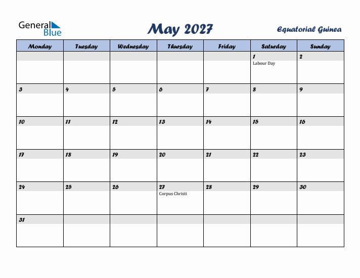 May 2027 Calendar with Holidays in Equatorial Guinea