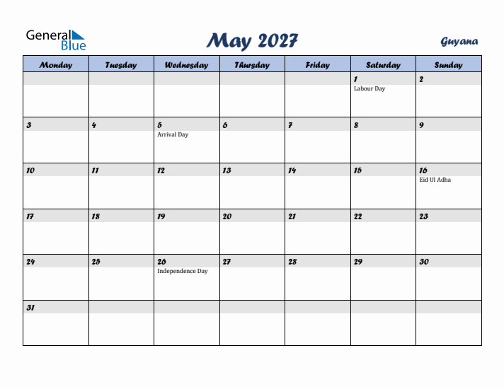 May 2027 Calendar with Holidays in Guyana