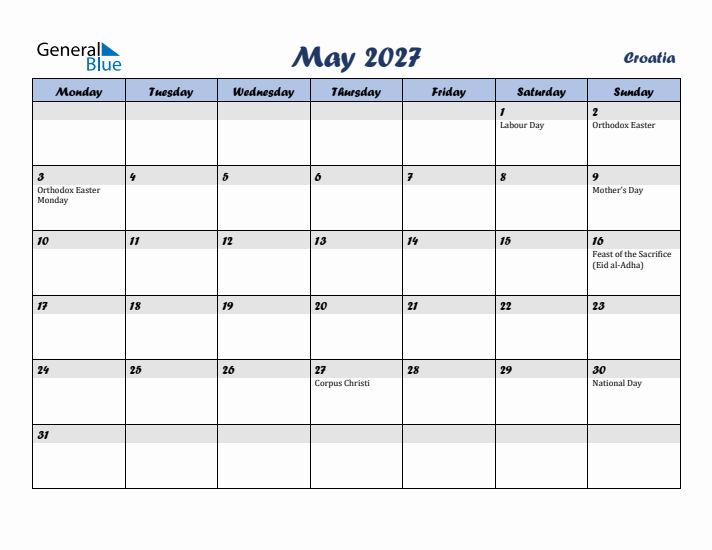 May 2027 Calendar with Holidays in Croatia