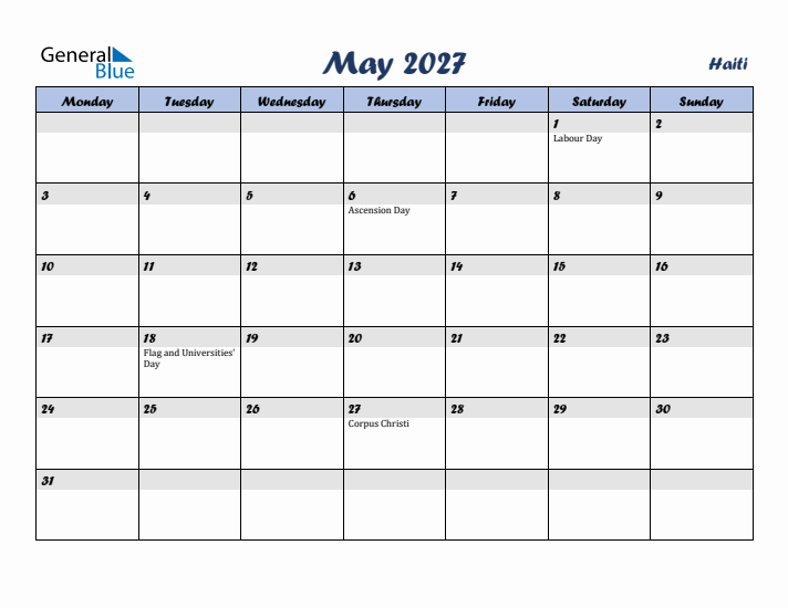May 2027 Calendar with Holidays in Haiti