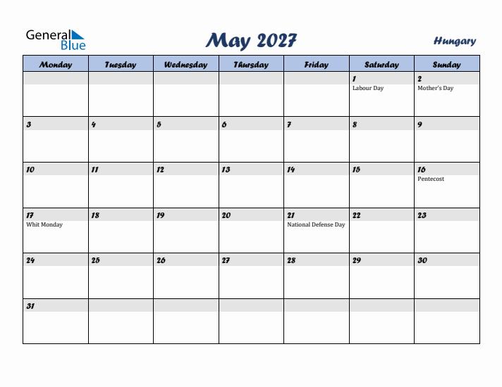 May 2027 Calendar with Holidays in Hungary