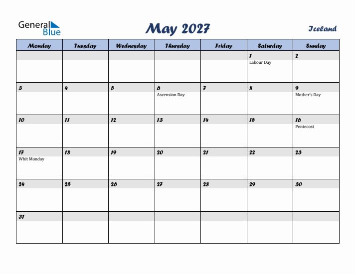 May 2027 Calendar with Holidays in Iceland