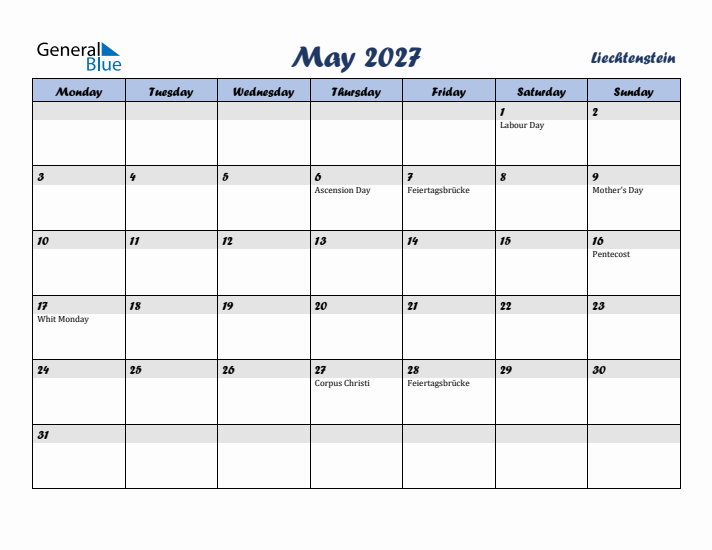 May 2027 Calendar with Holidays in Liechtenstein
