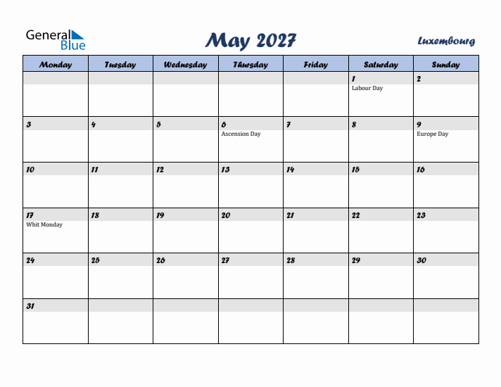 May 2027 Calendar with Holidays in Luxembourg