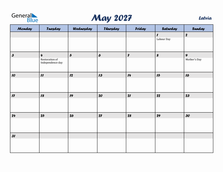 May 2027 Calendar with Holidays in Latvia