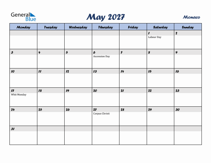 May 2027 Calendar with Holidays in Monaco