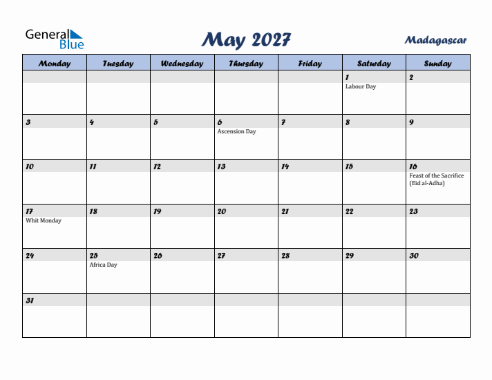 May 2027 Calendar with Holidays in Madagascar