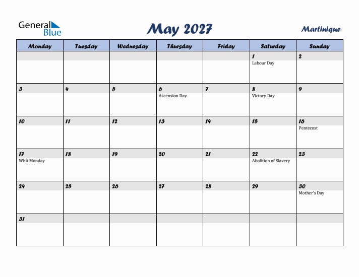 May 2027 Calendar with Holidays in Martinique
