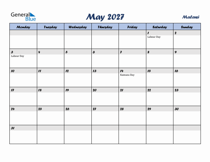May 2027 Calendar with Holidays in Malawi
