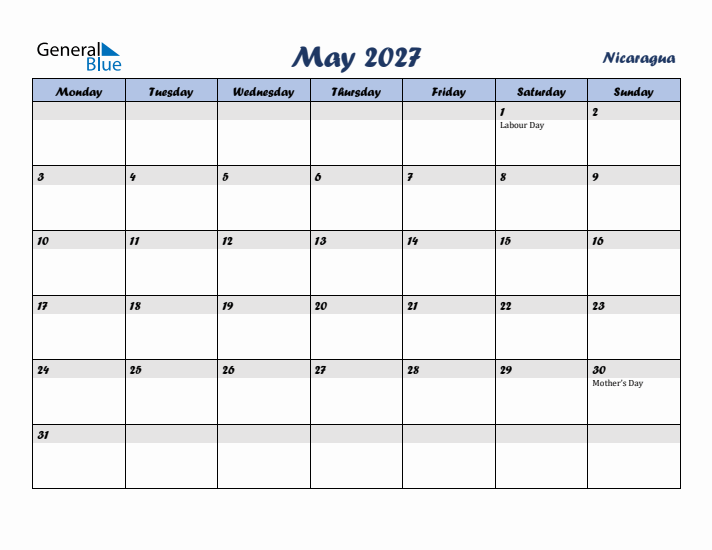 May 2027 Calendar with Holidays in Nicaragua