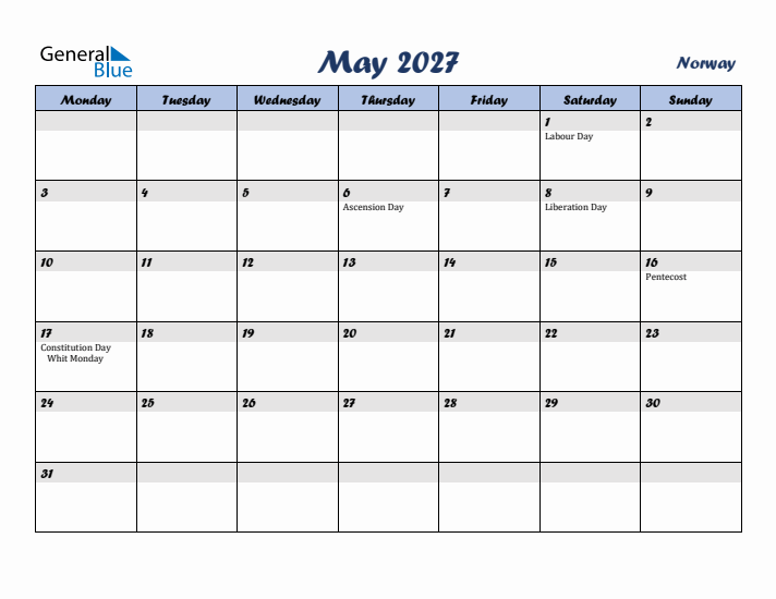 May 2027 Calendar with Holidays in Norway