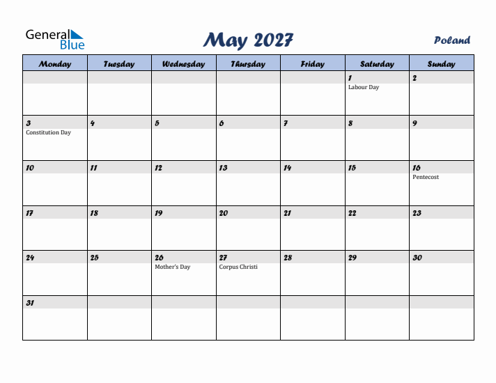 May 2027 Calendar with Holidays in Poland