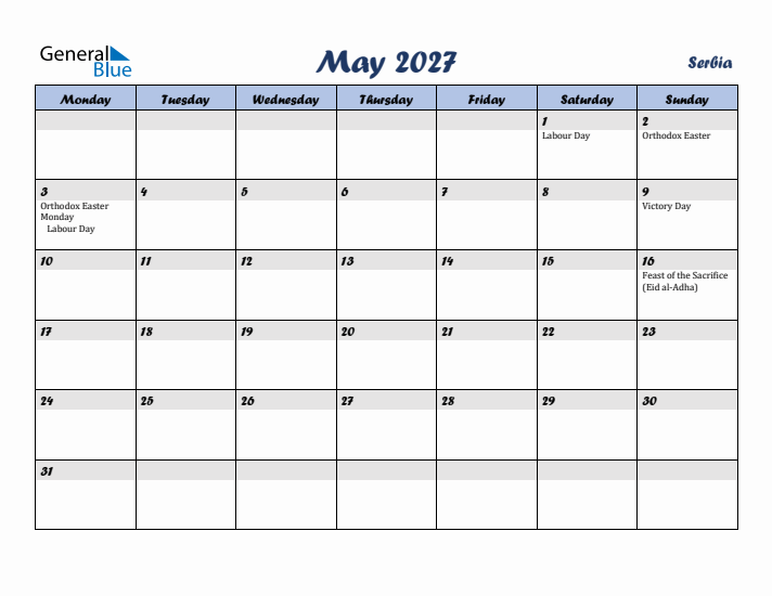 May 2027 Calendar with Holidays in Serbia