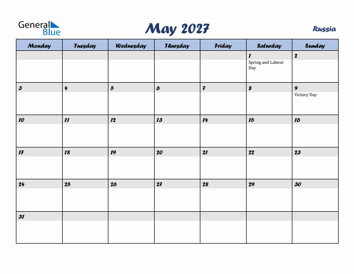 May 2027 Calendar with Holidays in Russia
