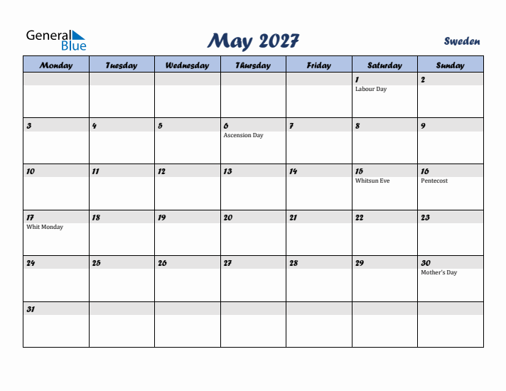 May 2027 Calendar with Holidays in Sweden