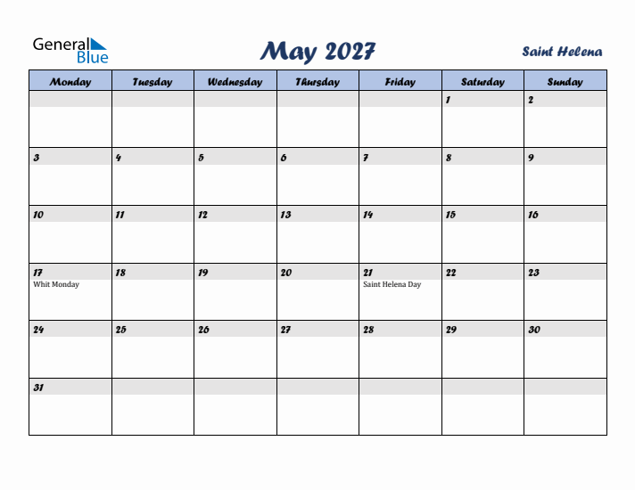 May 2027 Calendar with Holidays in Saint Helena