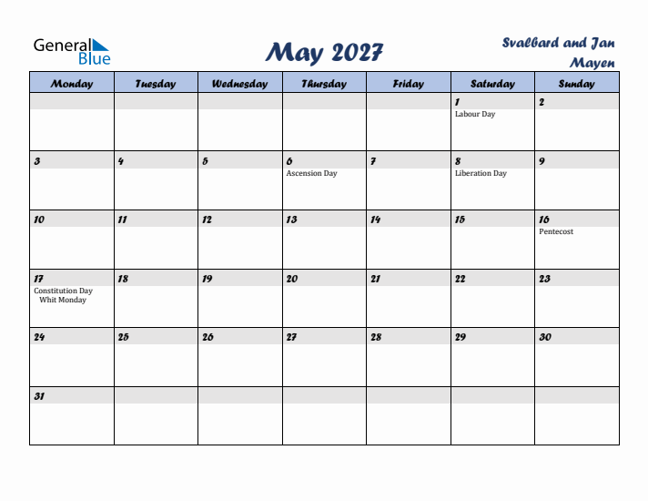 May 2027 Calendar with Holidays in Svalbard and Jan Mayen