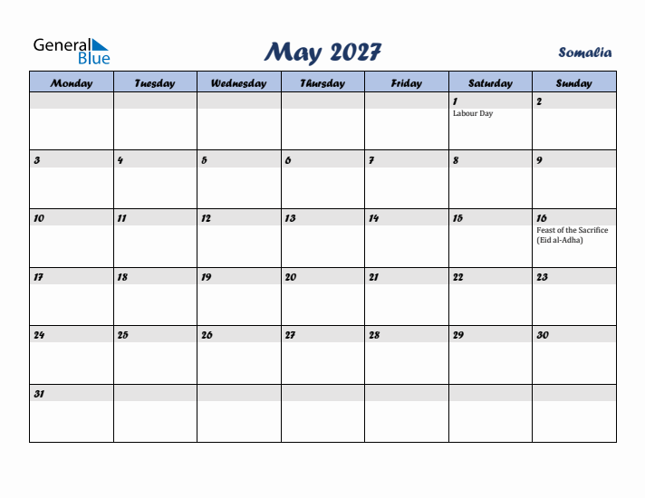 May 2027 Calendar with Holidays in Somalia