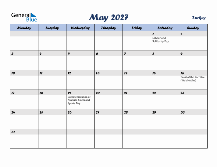 May 2027 Calendar with Holidays in Turkey