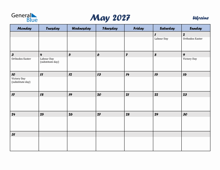 May 2027 Calendar with Holidays in Ukraine