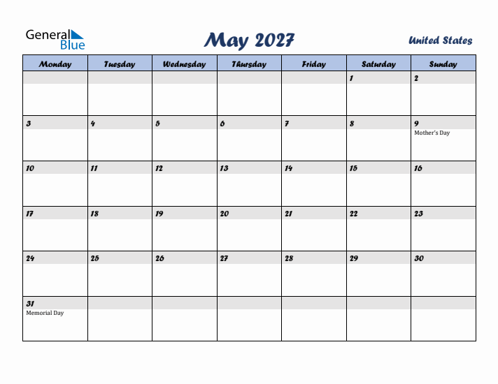 May 2027 Calendar with Holidays in United States