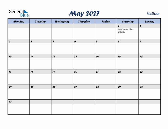 May 2027 Calendar with Holidays in Vatican