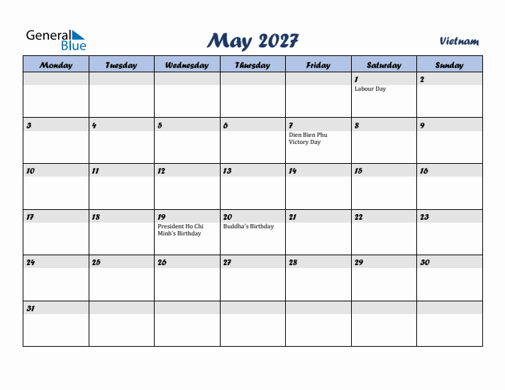 May 2027 Calendar with Holidays in Vietnam