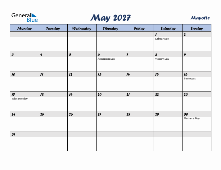 May 2027 Calendar with Holidays in Mayotte