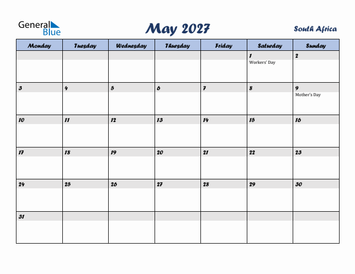 May 2027 Calendar with Holidays in South Africa