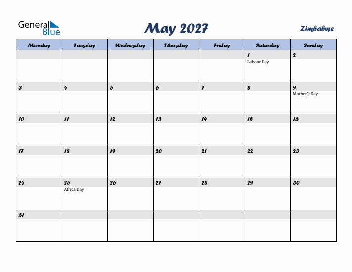 May 2027 Calendar with Holidays in Zimbabwe