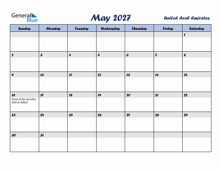 May 2027 Calendar with Holidays in United Arab Emirates