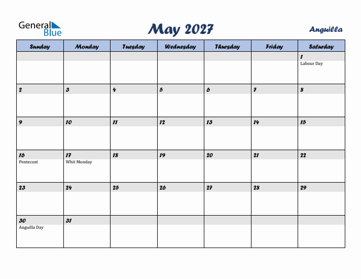 May 2027 Calendar with Holidays in Anguilla