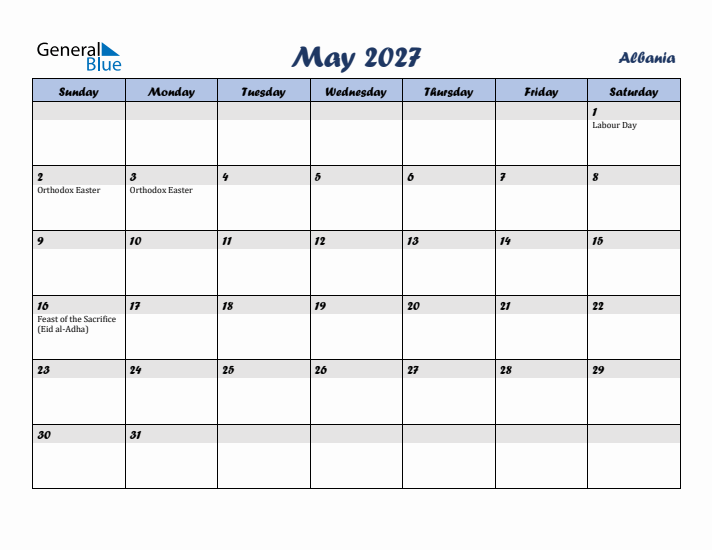 May 2027 Calendar with Holidays in Albania