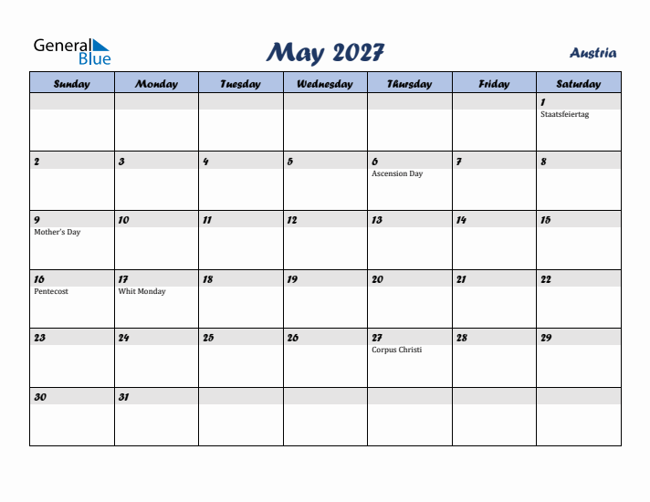 May 2027 Calendar with Holidays in Austria