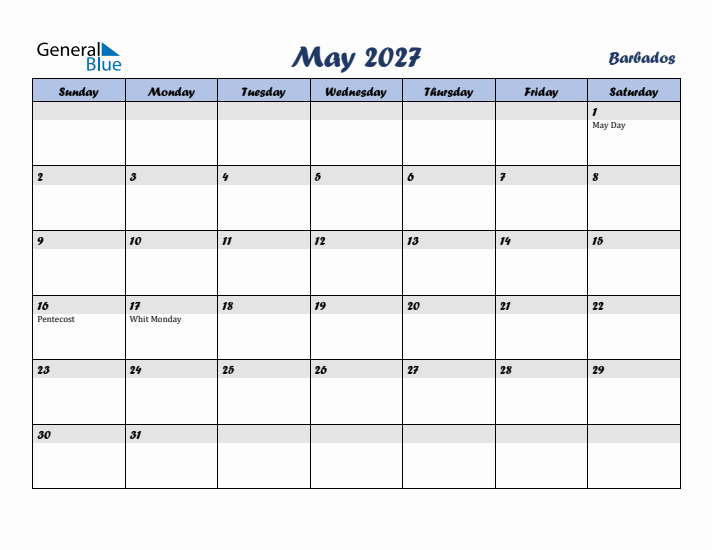 May 2027 Calendar with Holidays in Barbados
