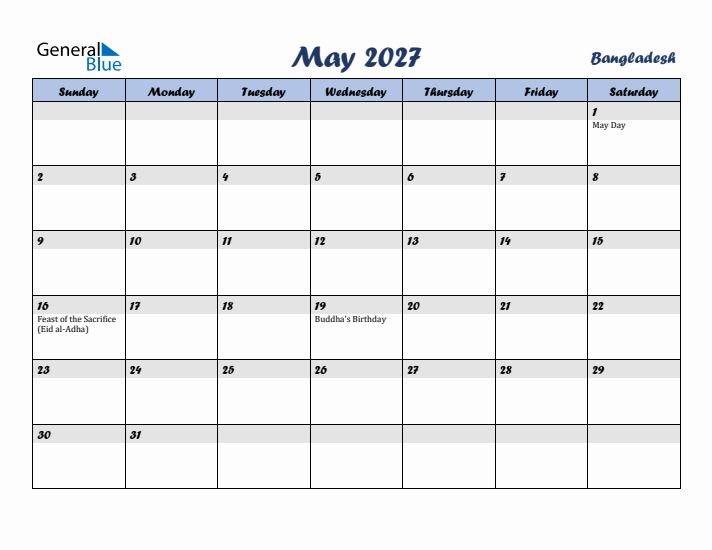 May 2027 Calendar with Holidays in Bangladesh