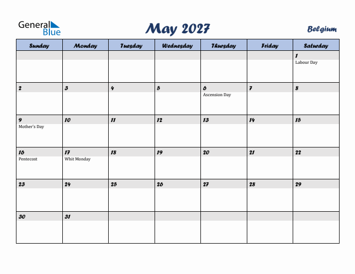 May 2027 Calendar with Holidays in Belgium