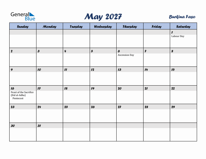 May 2027 Calendar with Holidays in Burkina Faso