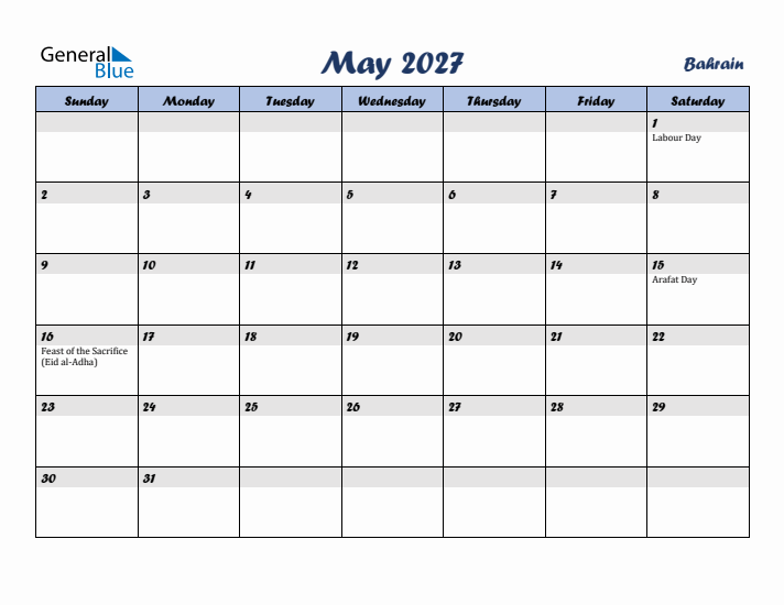 May 2027 Calendar with Holidays in Bahrain