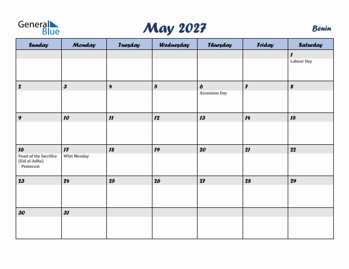 May 2027 Calendar with Holidays in Benin