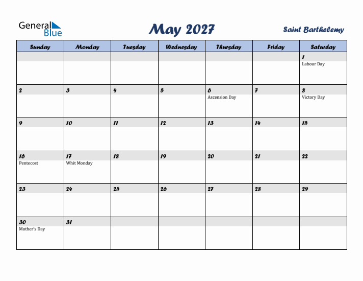 May 2027 Calendar with Holidays in Saint Barthelemy