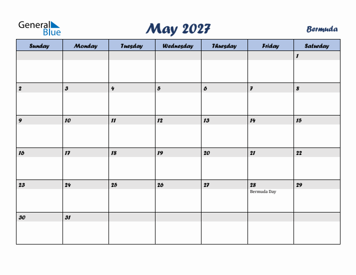 May 2027 Calendar with Holidays in Bermuda