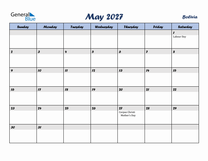 May 2027 Calendar with Holidays in Bolivia