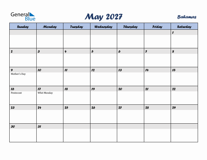 May 2027 Calendar with Holidays in Bahamas