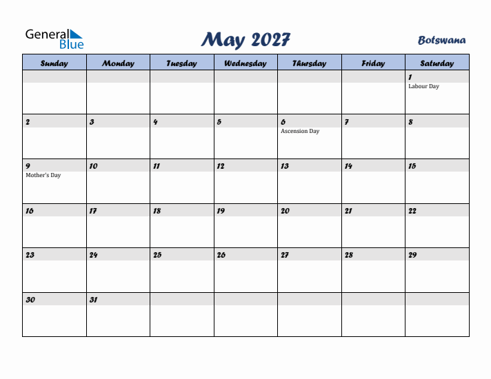 May 2027 Calendar with Holidays in Botswana