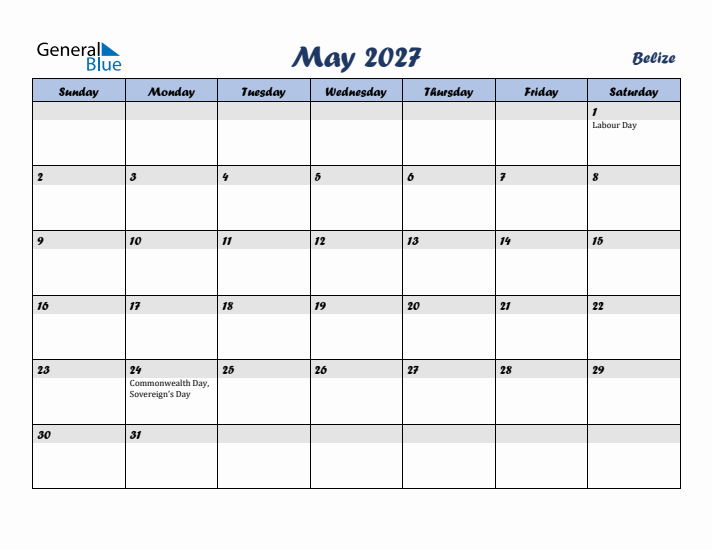 May 2027 Calendar with Holidays in Belize