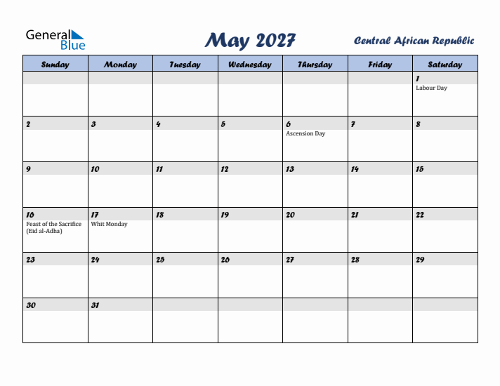 May 2027 Calendar with Holidays in Central African Republic