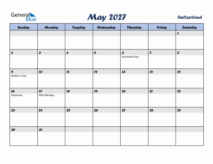 May 2027 Calendar with Holidays in Switzerland